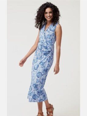 Tommy Bahama Indigo and White Tie Dye Sunburst Pattern Faux Wrap Dress Coastal